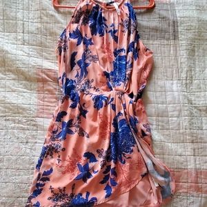 Peach/ Coral and blue floral halter dress.